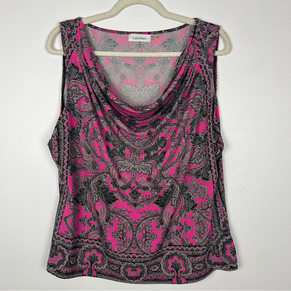 Calvin Klein Cowl Neck Tank Top Patterned Pink Gray Size 1X